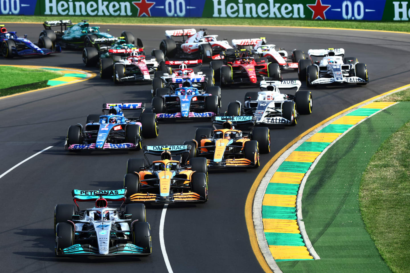 MELBOURNE, AUSTRALIA - APRIL 10: George Russell of Great Britain driving the (63) Mercedes AMG