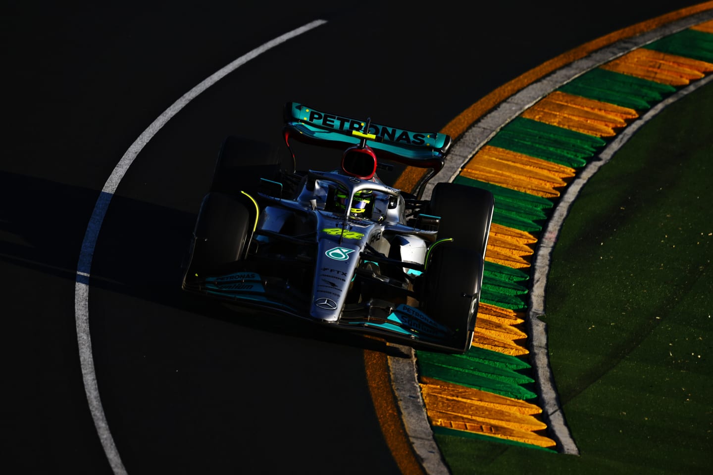 MELBOURNE, AUSTRALIA - APRIL 10: Lewis Hamilton of Great Britain driving the (44) Mercedes AMG
