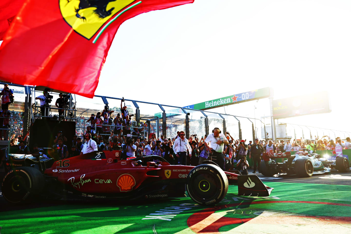 MELBOURNE, AUSTRALIA - APRIL 10: Race winner Charles Leclerc of Monaco driving (16) the Ferrari F1-75 stops in parc ferme during the F1 Grand Prix of Australia at Melbourne Grand Prix Circuit on April 10, 2022 in Melbourne, Australia. (Photo by Dan Istitene - Formula 1/Formula 1 via Getty Images)