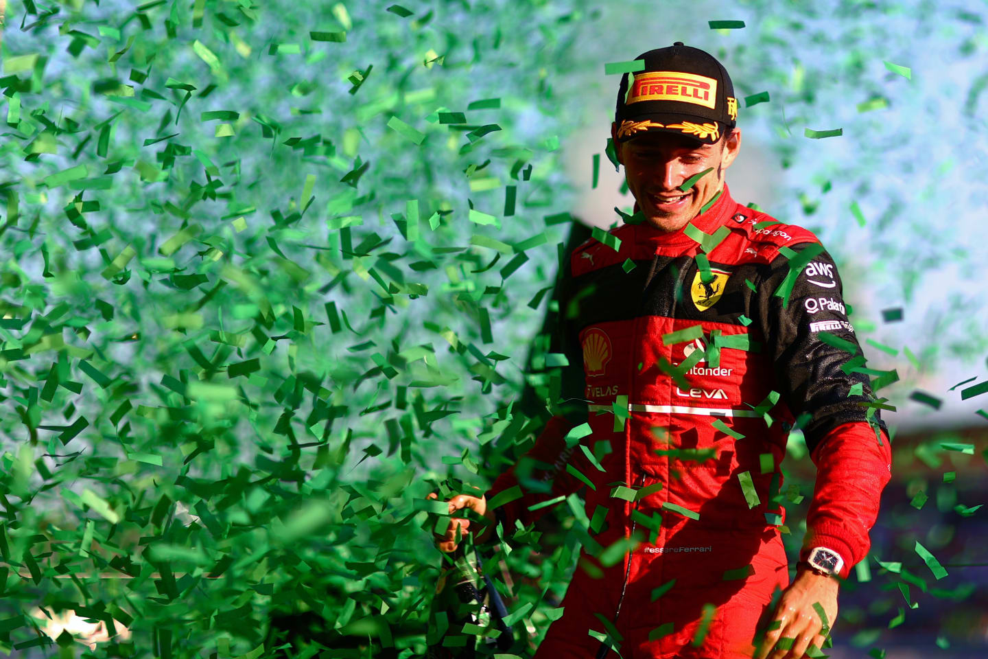 MELBOURNE, AUSTRALIA - APRIL 10:  Race winner Charles Leclerc of Monaco and Ferrari celebrates on