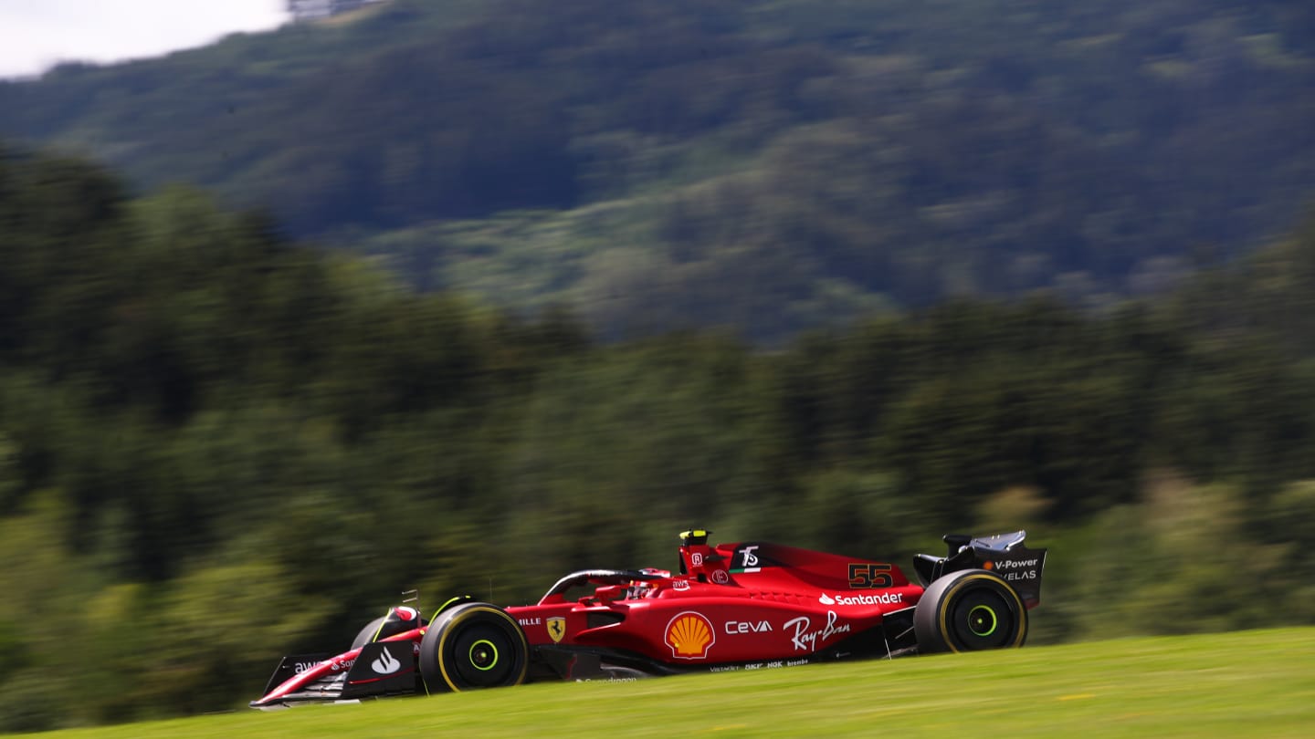 SPIELBERG, AUSTRIA - JULY 08: Carlos Sainz of Spain driving (55) the Ferrari F1-75 on track during