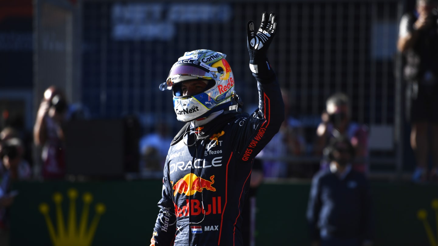 SPIELBERG, AUSTRIA - JULY 08: Pole position qualifier Max Verstappen of the Netherlands and Oracle Red Bull Racing celebrates in parc ferme during qualifying ahead of the F1 Grand Prix of Austria at Red Bull Ring on July 08, 2022 in Spielberg, Austria. (Photo by Rudy Carezzevoli - Formula 1/Formula 1 via Getty Images)