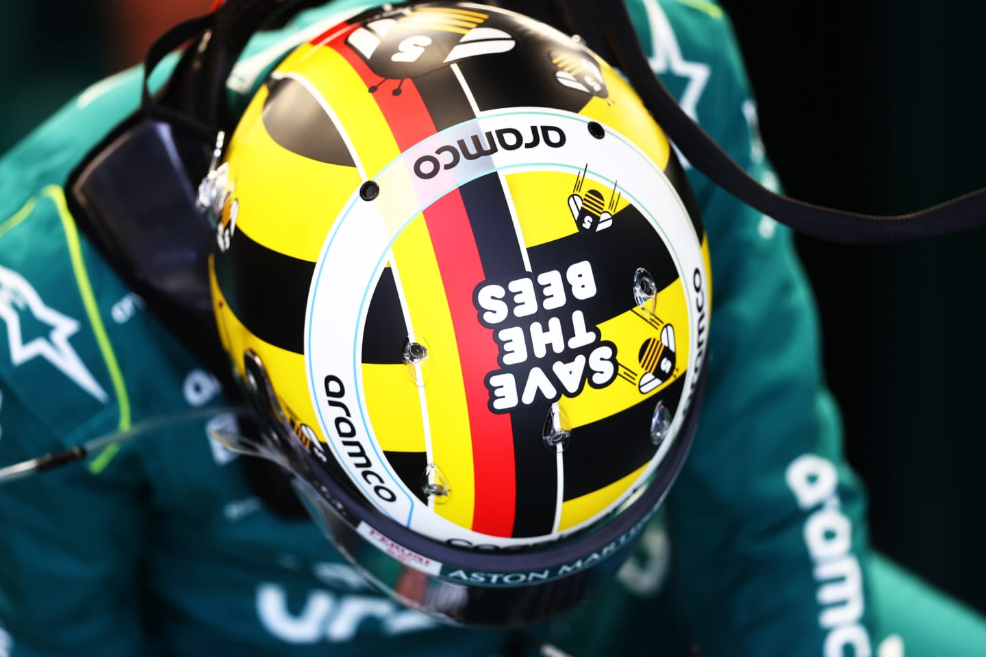 SPIELBERG, AUSTRIA - JULY 09: A detail shot of the Save the Bees race helmet of Sebastian Vettel of