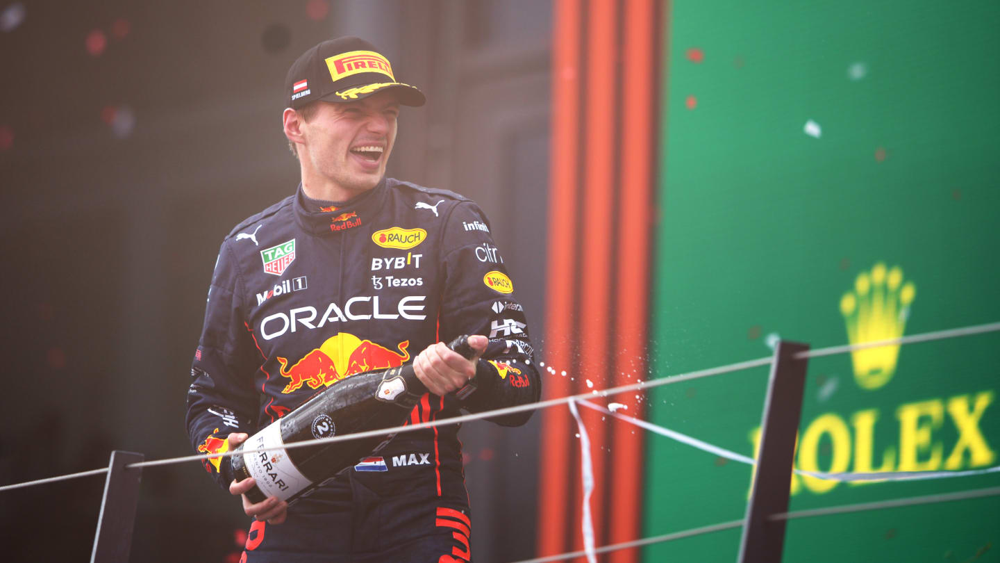 SPIELBERG, AUSTRIA - JULY 10: Second placed Max Verstappen of the Netherlands and Oracle Red Bull Racing celebrates on the podium during the F1 Grand Prix of Austria at Red Bull Ring on July 10, 2022 in Spielberg, Austria. (Photo by Adam Pretty - Formula 1/Formula 1 via Getty Images)
