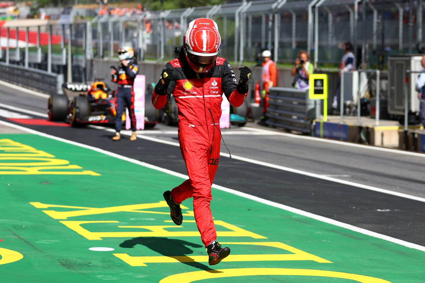 SPIELBERG, AUSTRIA - JULY 10: Race winner Charles Leclerc of Monaco and Ferrari celebrates in parc