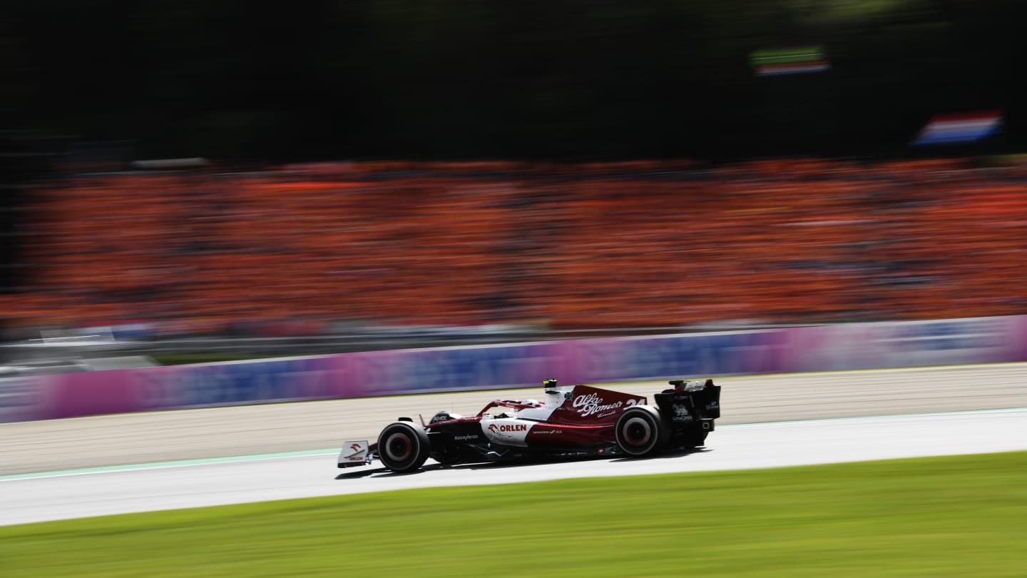 SPIELBERG, AUSTRIA - JULY 10: Zhou Guanyu of China driving the (24) Alfa Romeo F1 C42 Ferrari on track during the F1 Grand Prix of Austria at Red Bull Ring on July 10, 2022 in Spielberg, Austria. (Photo by Rudy Carezzevoli - Formula 1/Formula 1 via Getty Images)