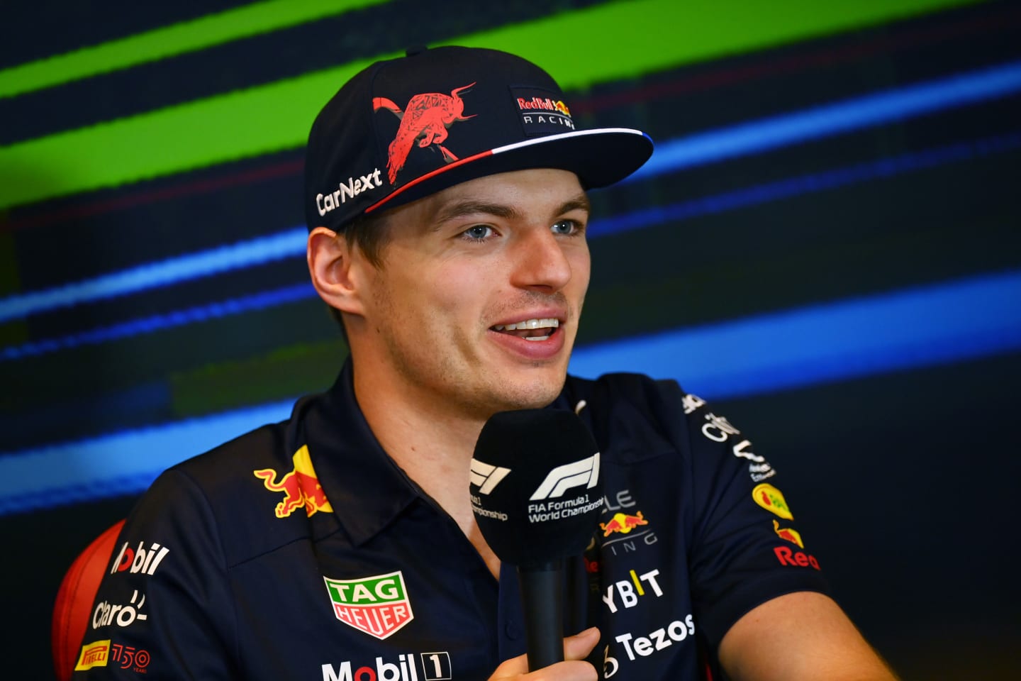 BAKU, AZERBAIJAN - JUNE 10: Max Verstappen of the Netherlands and Oracle Red Bull Racing talks in the Drivers Press Conference prior to practice ahead of the F1 Grand Prix of Azerbaijan at Baku City Circuit on June 10, 2022 in Baku, Azerbaijan. (Photo by Dan Mullan/Getty Images)