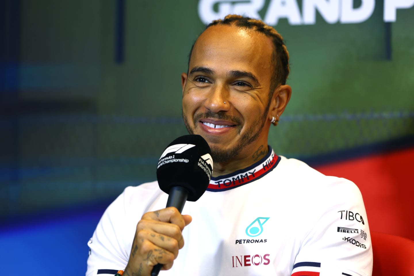 BAKU, AZERBAIJAN - JUNE 10: Lewis Hamilton of Great Britain and Mercedes talks in the Drivers Press Conference prior to practice ahead of the F1 Grand Prix of Azerbaijan at Baku City Circuit on June 10, 2022 in Baku, Azerbaijan. (Photo by Clive Rose/Getty Images)