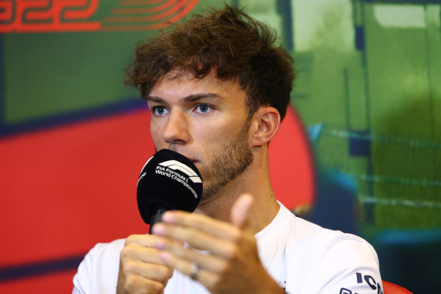 BAKU, AZERBAIJAN - JUNE 10: Pierre Gasly of France and Scuderia AlphaTauri talks in the Drivers Press Conference prior to practice ahead of the F1 Grand Prix of Azerbaijan at Baku City Circuit on June 10, 2022 in Baku, Azerbaijan. (Photo by Clive Rose/Getty Images)