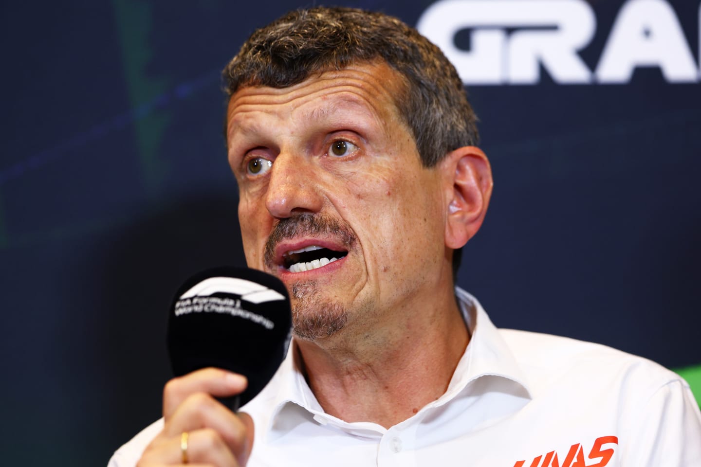 BAKU, AZERBAIJAN - JUNE 11: Haas F1 Team Principal Guenther Steiner talks in the Team Principals Press Conference prior to final practice ahead of the F1 Grand Prix of Azerbaijan at Baku City Circuit on June 11, 2022 in Baku, Azerbaijan. (Photo by Clive Rose/Getty Images)