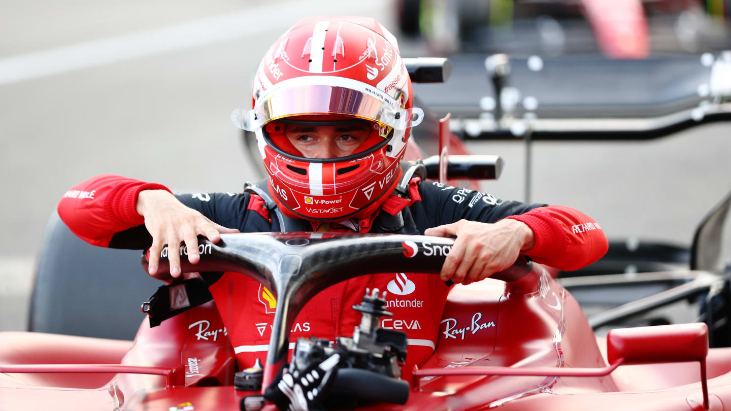 BAKU, AZERBAIJAN - JUNE 11: Pole position qualifier Charles Leclerc of Monaco and Ferrari climbs