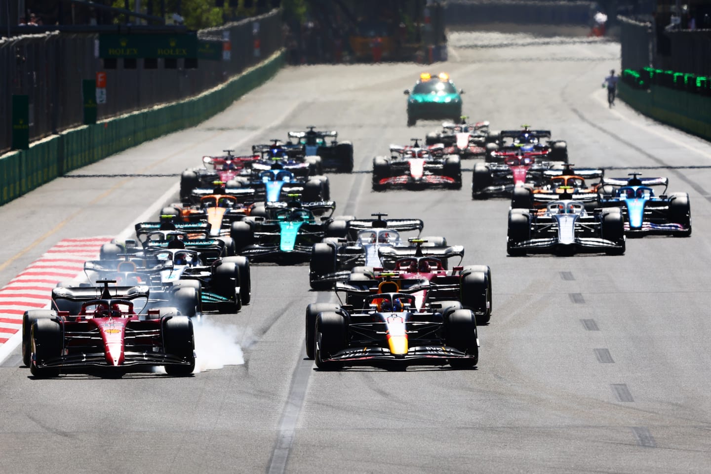 BAKU, AZERBAIJAN - JUNE 12: Charles Leclerc of Monaco driving the (16) Ferrari F1-75 locks a wheel