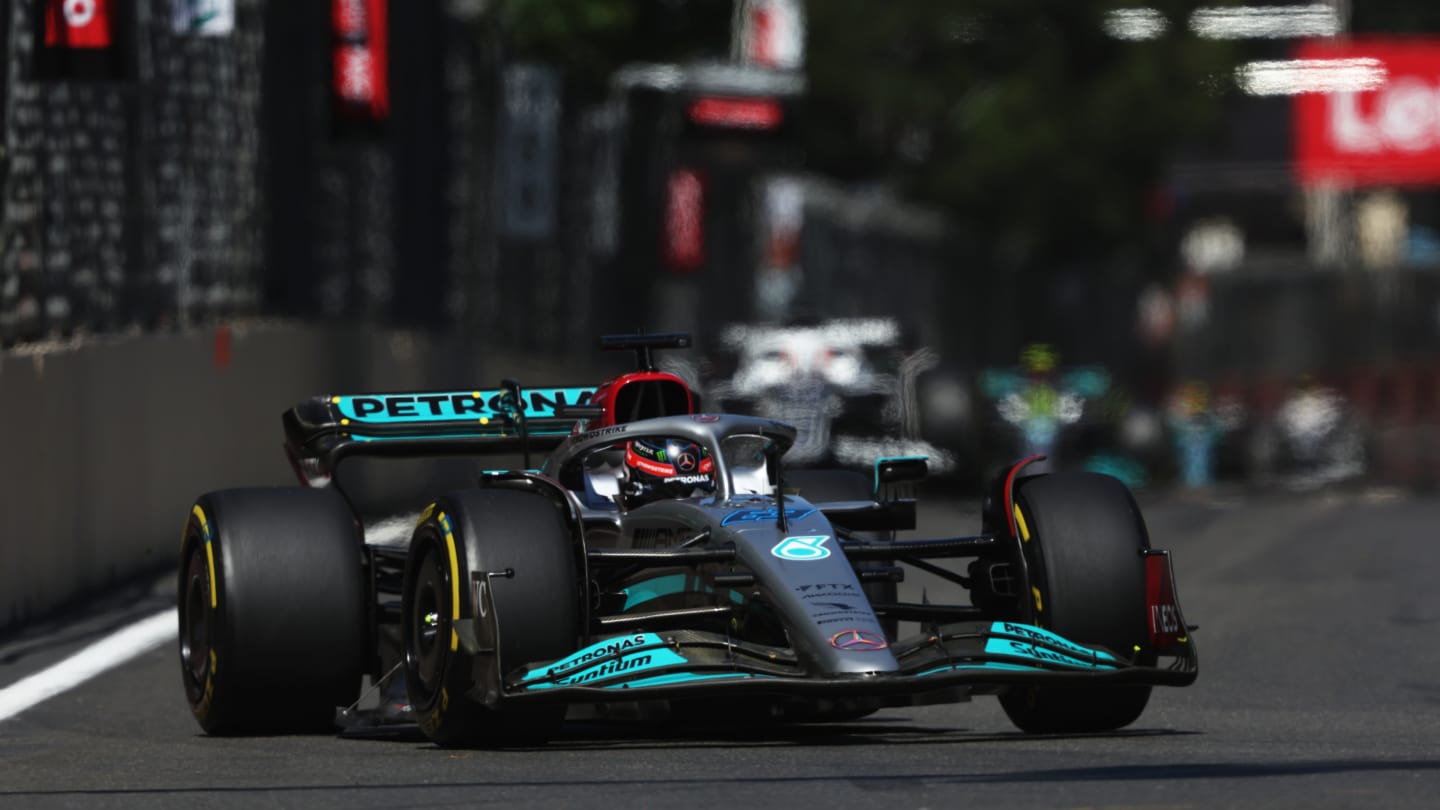 BAKU, AZERBAIJAN - JUNE 12: George Russell of Great Britain driving the (63) Mercedes AMG Petronas F1 Team W13 on track during the F1 Grand Prix of Azerbaijan at Baku City Circuit on June 12, 2022 in Baku, Azerbaijan. (Photo by Bryn Lennon - Formula 1/Formula 1 via Getty Images)