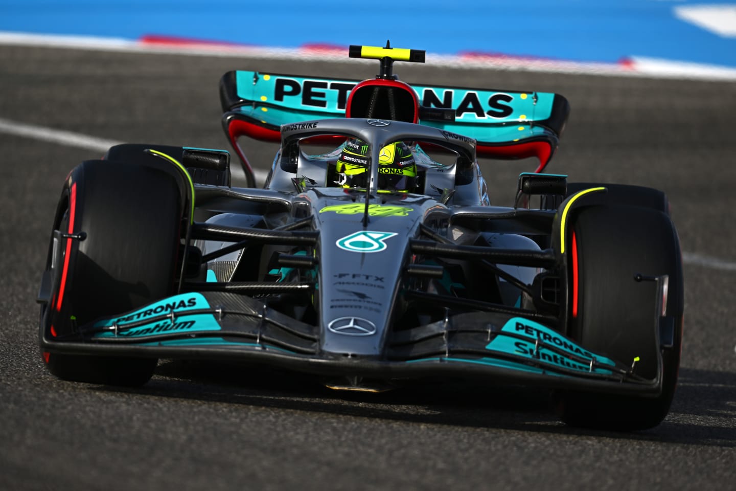 BAHRAIN, BAHRAIN - MARCH 18: Lewis Hamilton of Great Britain driving the (44) Mercedes AMG Petronas F1 Team W13 on track during practice ahead of the F1 Grand Prix of Bahrain at Bahrain International Circuit on March 18, 2022 in Bahrain, Bahrain. (Photo by Clive Mason/Getty Images)