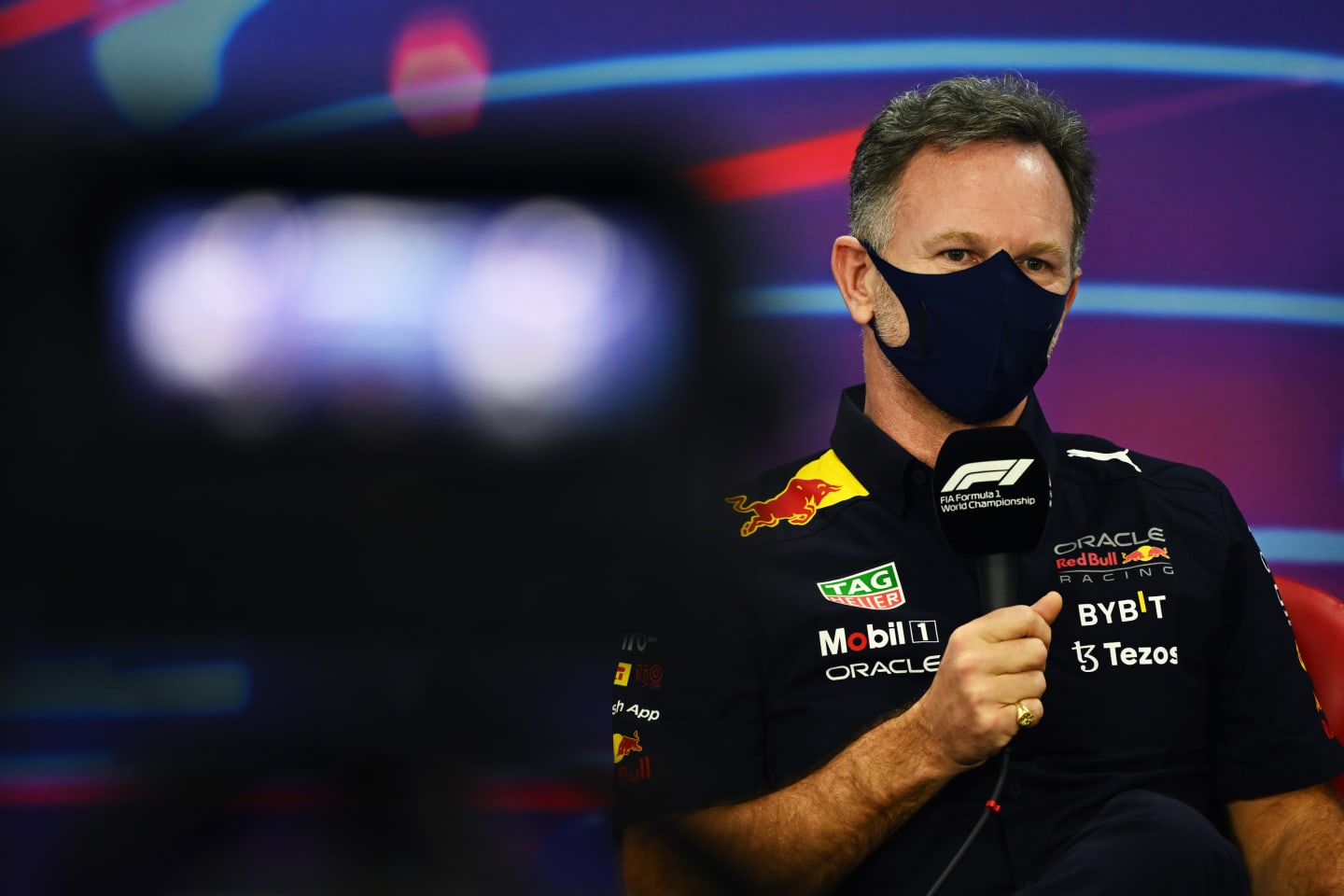 BAHRAIN, BAHRAIN - MARCH 19: Red Bull Racing Team Principal Christian Horner talks in the Team Principals Press Conference before final practice ahead of the F1 Grand Prix of Bahrain at Bahrain International Circuit on March 19, 2022 in Bahrain, Bahrain. (Photo by Clive Mason/Getty Images)