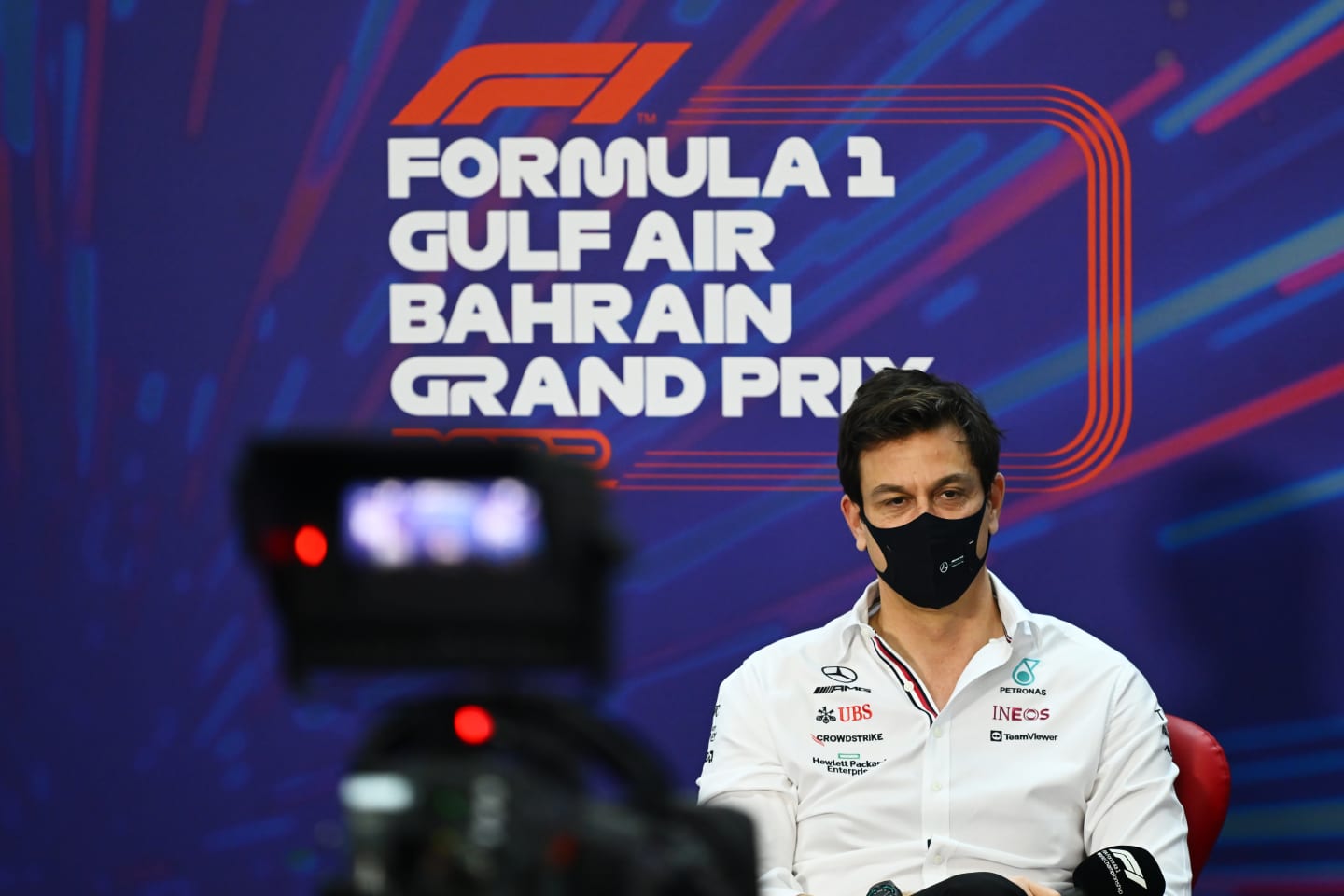 BAHRAIN, BAHRAIN - MARCH 19: Mercedes GP Executive Director Toto Wolff talks in the Team Principals Press Conference before final practice ahead of the F1 Grand Prix of Bahrain at Bahrain International Circuit on March 19, 2022 in Bahrain, Bahrain. (Photo by Clive Mason/Getty Images)