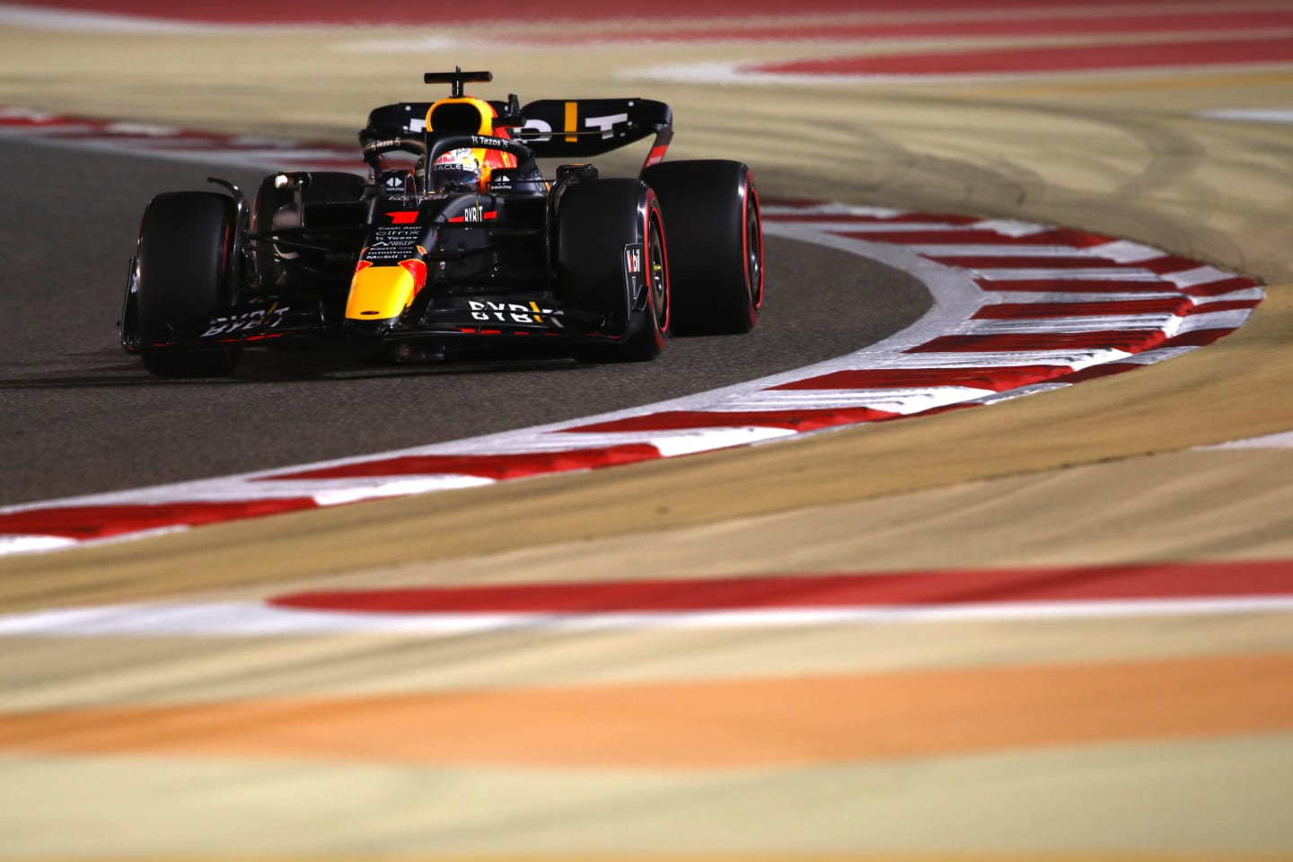 BAHRAIN, BAHRAIN - MARCH 19: Max Verstappen of the Netherlands driving the (1) Oracle Red Bull Racing RB18 on track during qualifying ahead of the F1 Grand Prix of Bahrain at Bahrain International Circuit on March 19, 2022 in Bahrain, Bahrain. (Photo by Joe Portlock - Formula 1/Formula 1 via Getty Images)