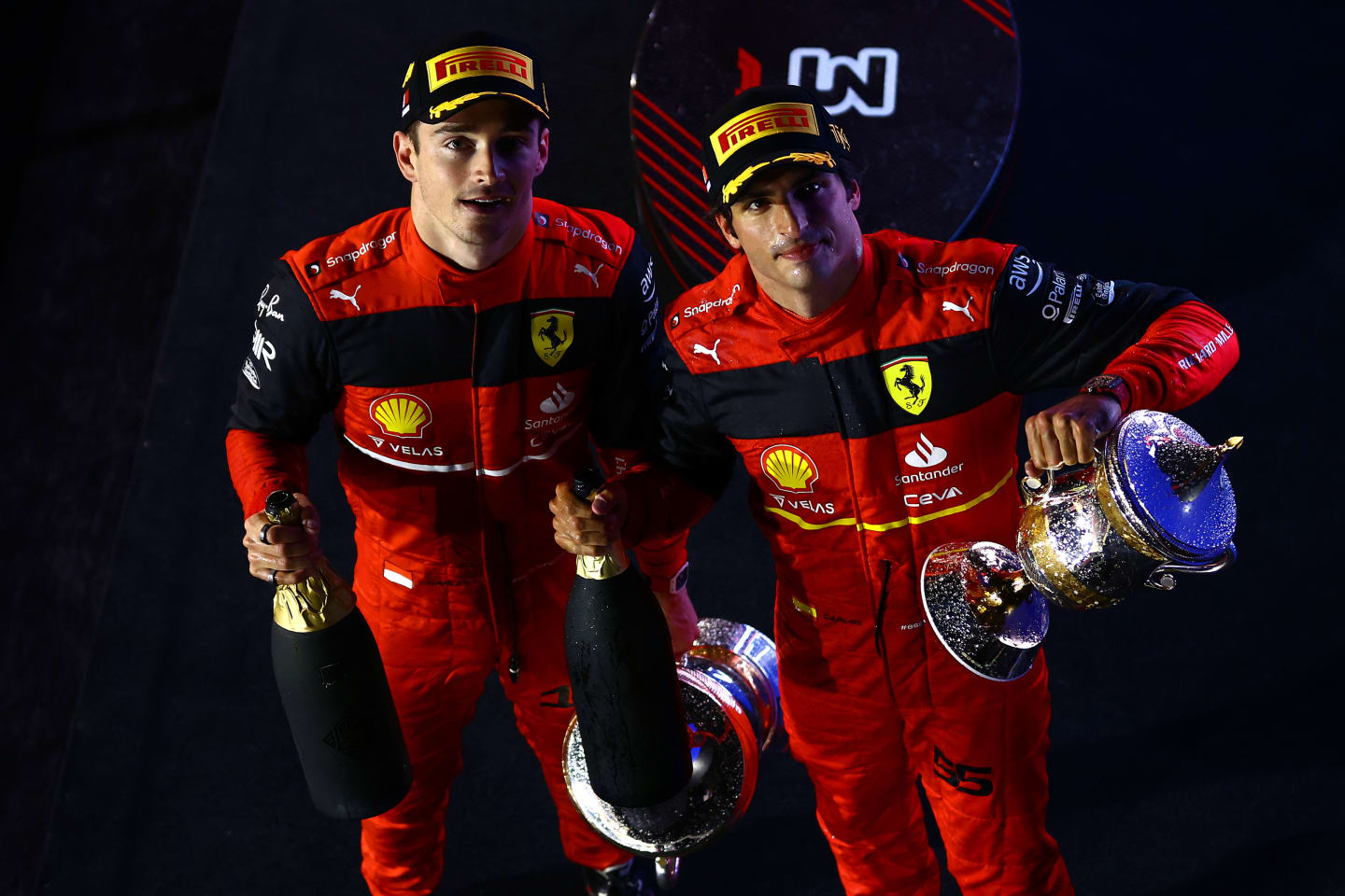 BAHRAIN, BAHRAIN - MARCH 20: Race winner Charles Leclerc of Monaco and Ferrari and Second placed