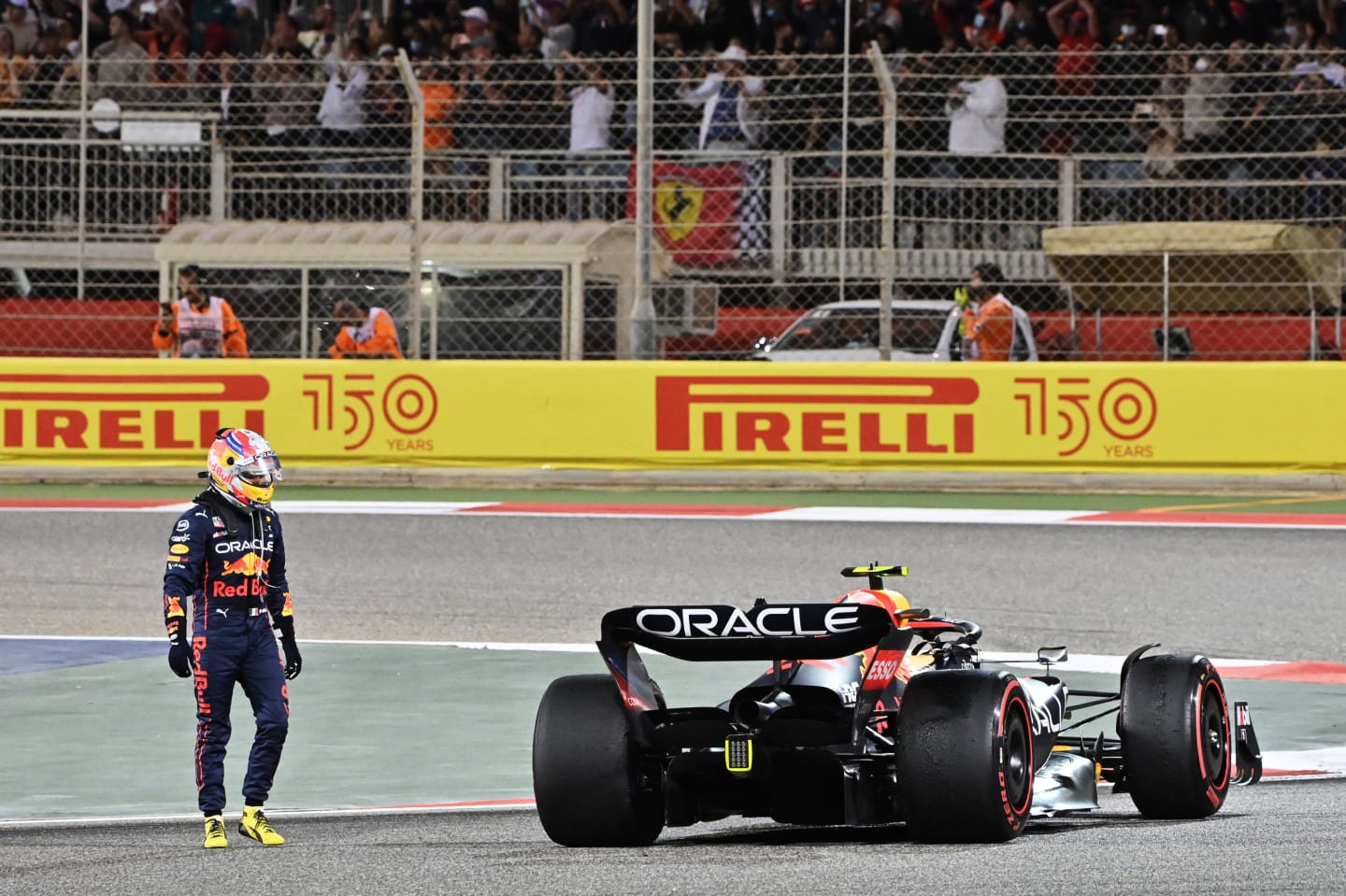 BAHRAIN, BAHRAIN - MARCH 20: Sergio Perez of Mexico and Oracle Red Bull Racing looks back at his