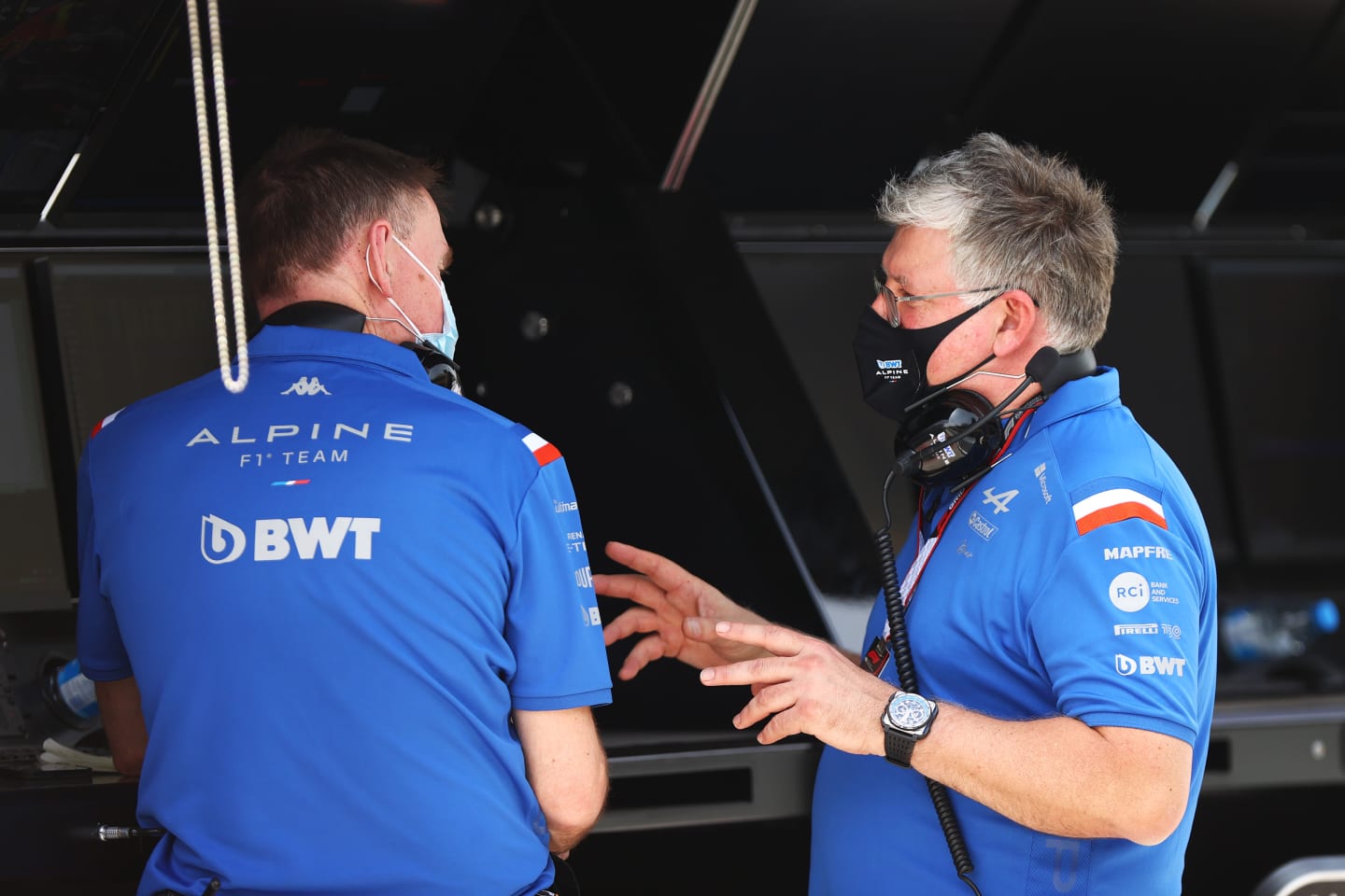 BAHRAIN, BAHRAIN - MARCH 11: Otmar Szafnauer, Team Principal of Alpine F1 (R) talks on the pitwall