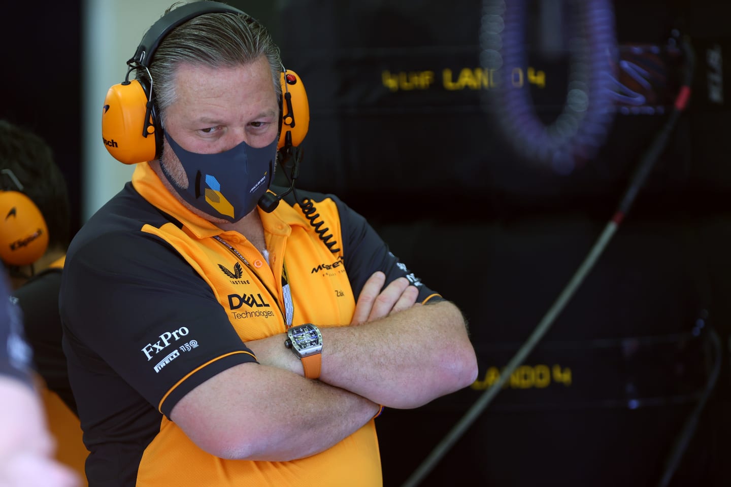 BAHRAIN, BAHRAIN - MARCH 11: McLaren Chief Executive Officer Zak Brown looks on in the garage during Day Two of F1 Testing at Bahrain International Circuit on March 11, 2022 in Bahrain, Bahrain. (Photo by Dan Istitene - Formula 1/Formula 1 via Getty Images)