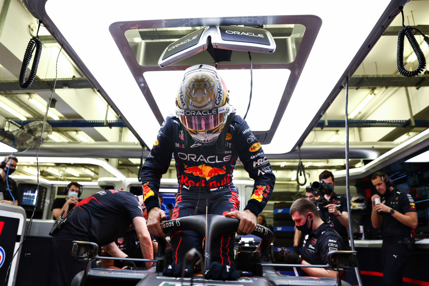BAHRAIN, BAHRAIN - MARCH 11: Max Verstappen of the Netherlands and Oracle Red Bull Racing prepares to drive in the garage during Day Two of F1 Testing at Bahrain International Circuit on March 11, 2022 in Bahrain, Bahrain. (Photo by Mark Thompson/Getty Images)