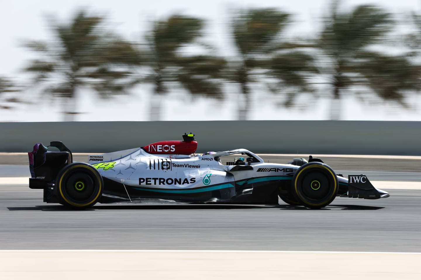 BAHRAIN, BAHRAIN - MARCH 12: Lewis Hamilton of Great Britain driving the (44) Mercedes AMG Petronas F1 Team W13 on track during Day Three of F1 Testing at Bahrain International Circuit on March 12, 2022 in Bahrain, Bahrain. (Photo by Lars Baron/Getty Images)