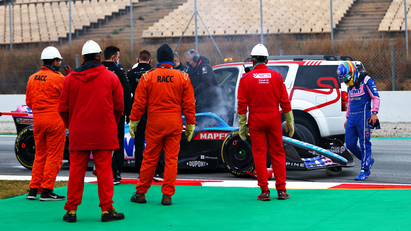 BARCELONA, SPAIN - FEBRUARY 25: Fernando Alonso of Spain and Alpine F1 looks on after stopping on