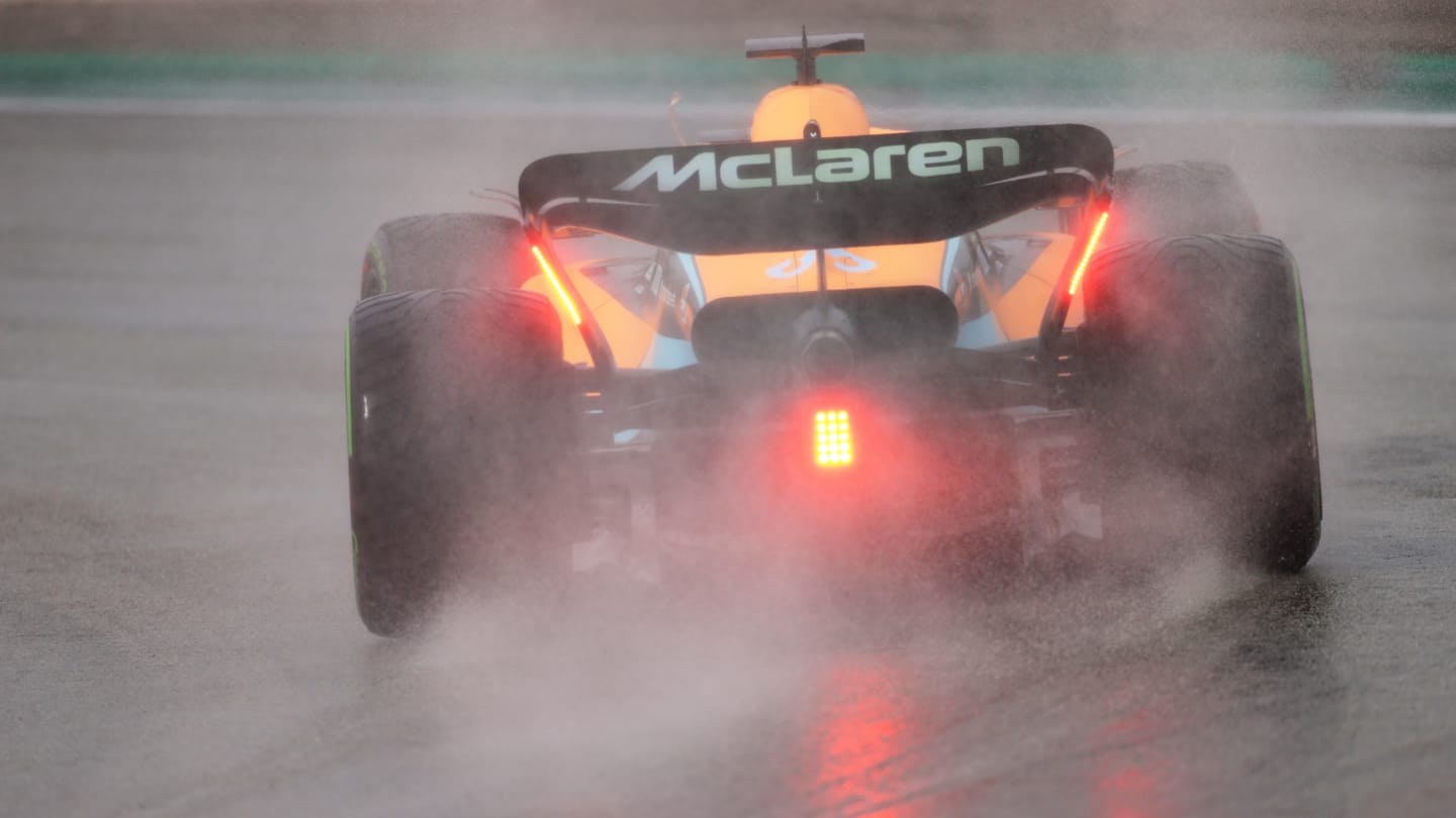 BARCELONA, SPAIN - FEBRUARY 25: Daniel Ricciardo of Australia driving the (3) McLaren MCL36 Mercedes on a wet track during Day Three of F1 Testing at Circuit de Barcelona-Catalunya on February 25, 2022 in Barcelona, Spain. (Photo by Dan Istitene - Formula 1/Formula 1 via Getty Images)