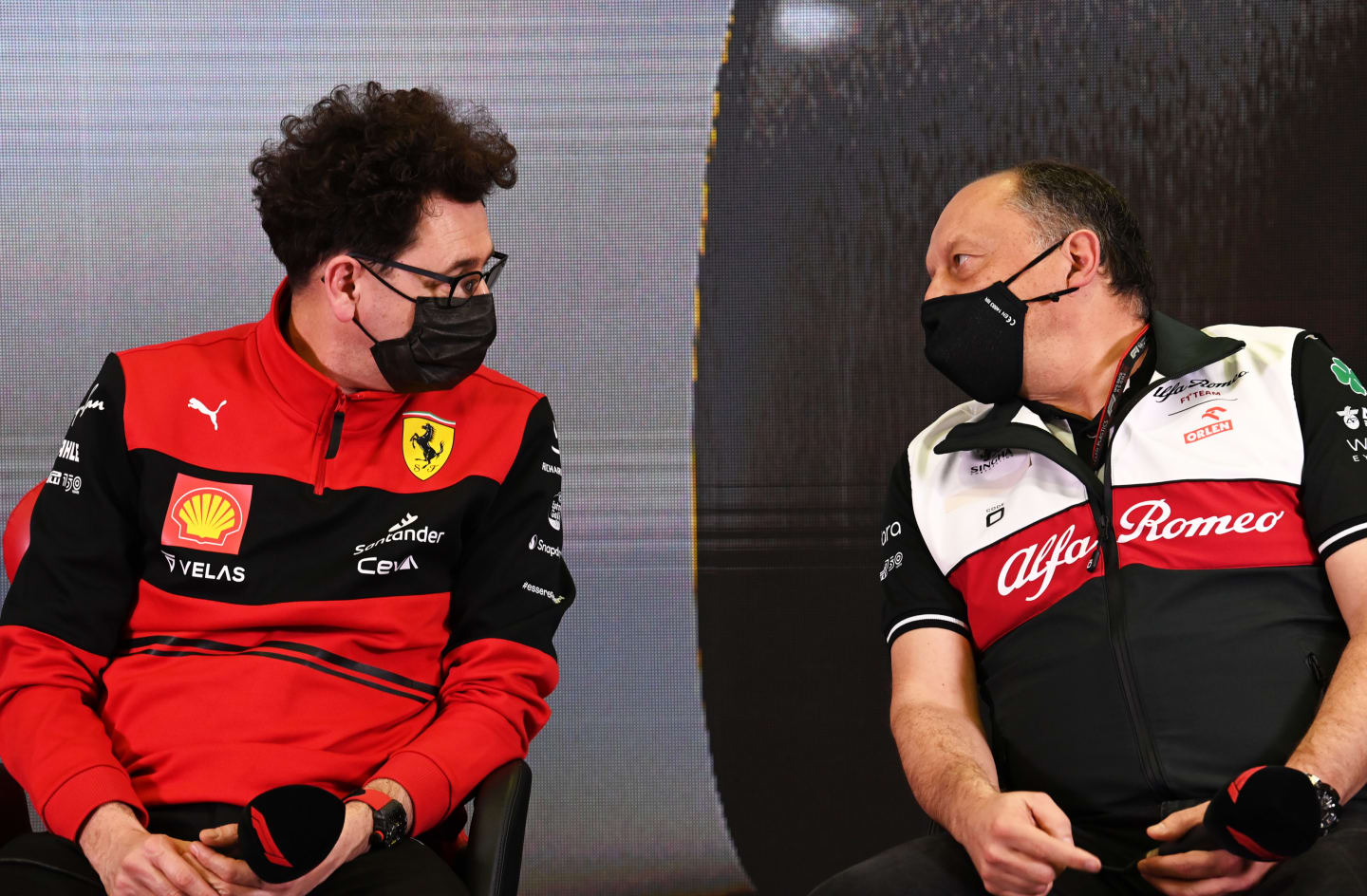 BARCELONA, SPAIN - FEBRUARY 24: Scuderia Ferrari Team Principal Mattia Binotto and Alfa Romeo