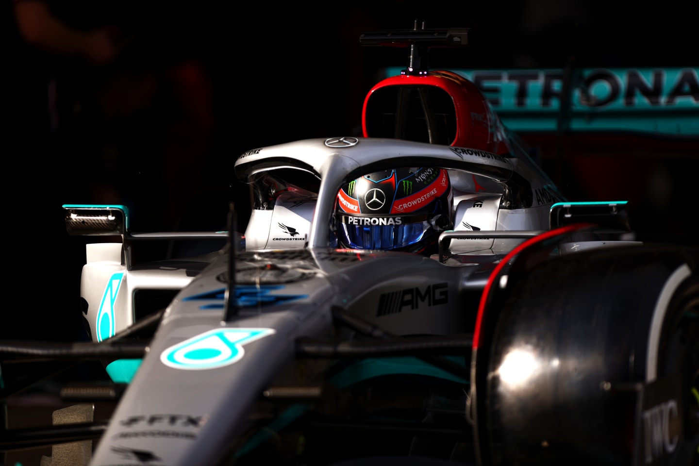 BARCELONA, SPAIN - FEBRUARY 24: George Russell of Great Britain driving the (63) Mercedes AMG Petronas F1 Team W13 in the Pitlane during Day Two of F1 Testing at Circuit de Barcelona-Catalunya on February 24, 2022 in Barcelona, Spain. (Photo by Dan Istitene - Formula 1/Formula 1 via Getty Images)