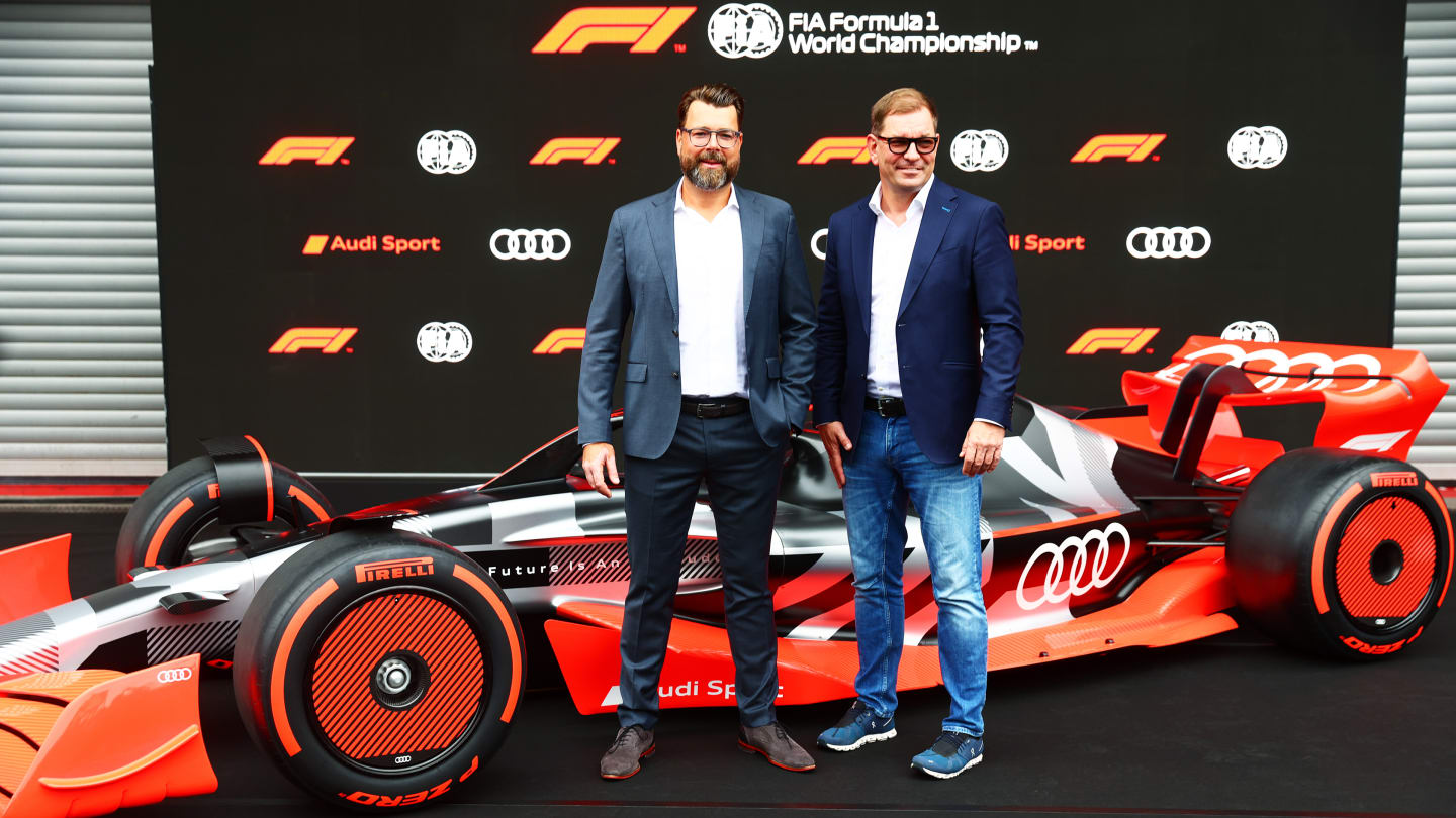 SPA, BELGIUM - AUGUST 26: (L-R) Oliver Hoffmann of Audi and Markus Duesmann Audi CEO announce that