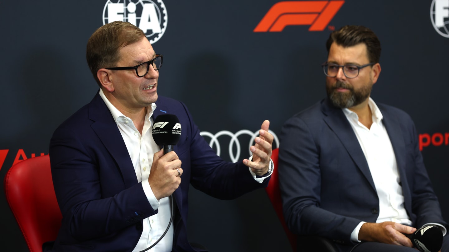 SPA, BELGIUM - AUGUST 26: (L-R) Markus Duesmann Audi CEO and Oliver Hoffmann of Audi announce that