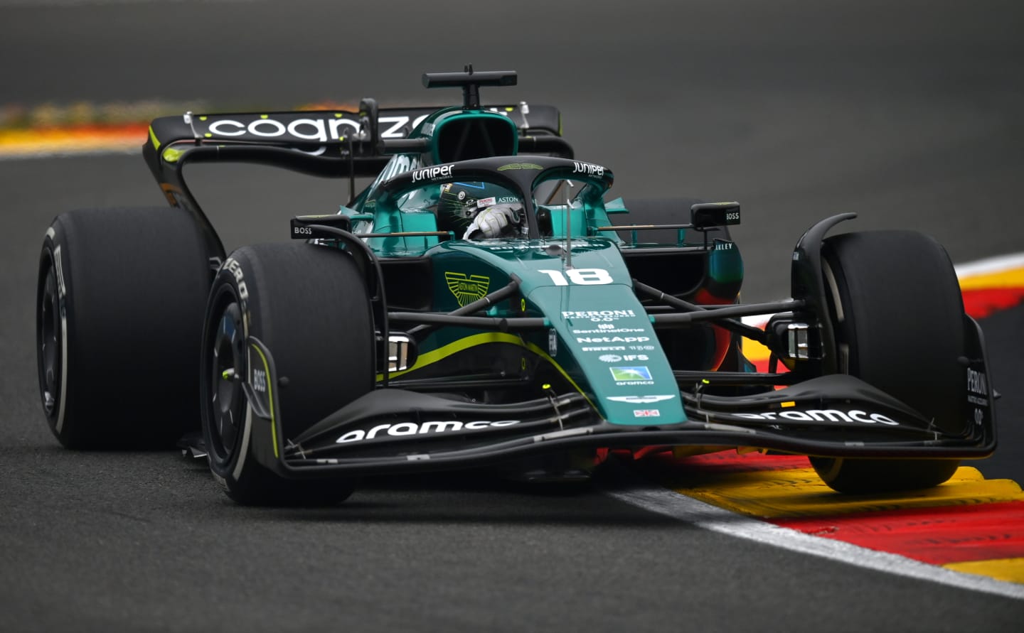 SPA, BELGIUM - AUGUST 26: Lance Stroll of Canada driving the (18) Aston Martin AMR22 Mercedes on track during practice ahead of the F1 Grand Prix of Belgium at Circuit de Spa-Francorchamps on August 26, 2022 in Spa, Belgium. (Photo by Dan Mullan/Getty Images)