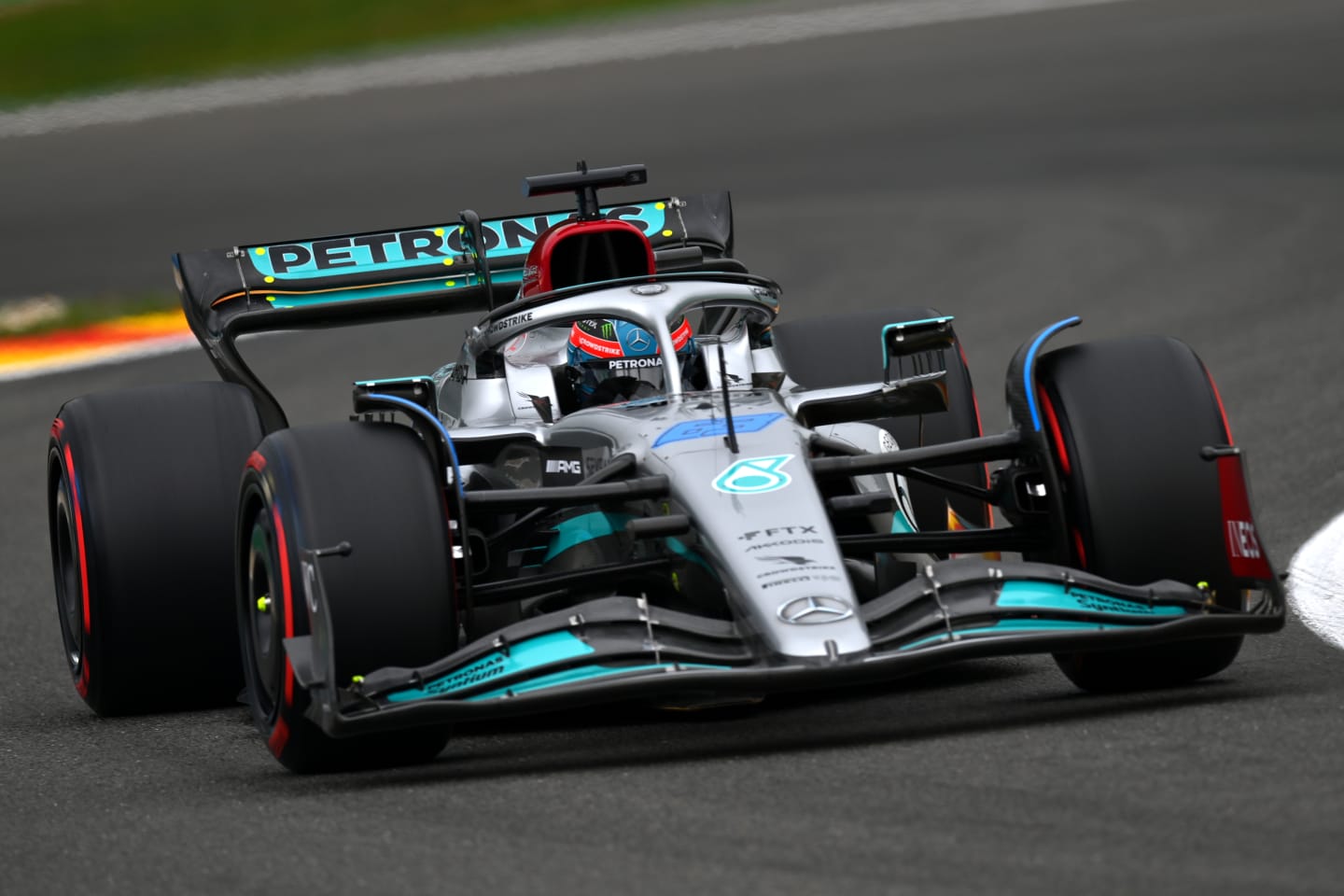 SPA, BELGIUM - AUGUST 26: George Russell of Great Britain driving the (63) Mercedes AMG Petronas F1 Team W13 on track during practice ahead of the F1 Grand Prix of Belgium at Circuit de Spa-Francorchamps on August 26, 2022 in Spa, Belgium. (Photo by Dan Mullan/Getty Images)