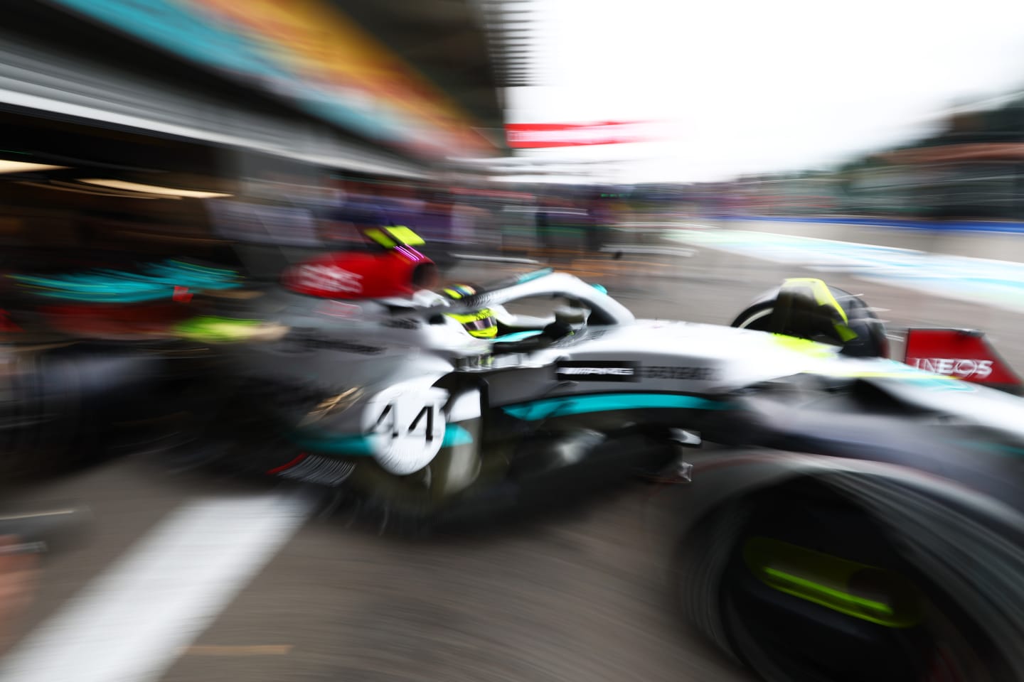 SPA, BELGIUM - AUGUST 26: Lewis Hamilton of Great Britain driving the (44) Mercedes AMG Petronas F1 Team W13 leaves the garage during practice ahead of the F1 Grand Prix of Belgium at Circuit de Spa-Francorchamps on August 26, 2022 in Spa, Belgium. (Photo by Mark Thompson/Getty Images)
