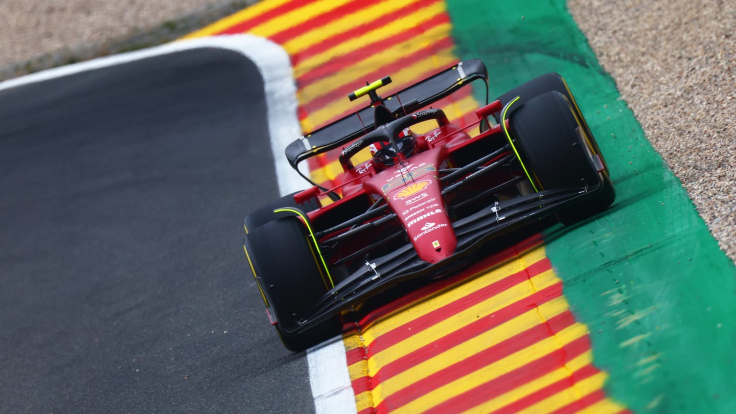 SPA, BELGIUM - AUGUST 26: Carlos Sainz of Spain driving (55) the Ferrari F1-75 on track during practice ahead of the F1 Grand Prix of Belgium at Circuit de Spa-Francorchamps on August 26, 2022 in Spa, Belgium. (Photo by Dan Istitene - Formula 1/Formula 1 via Getty Images)