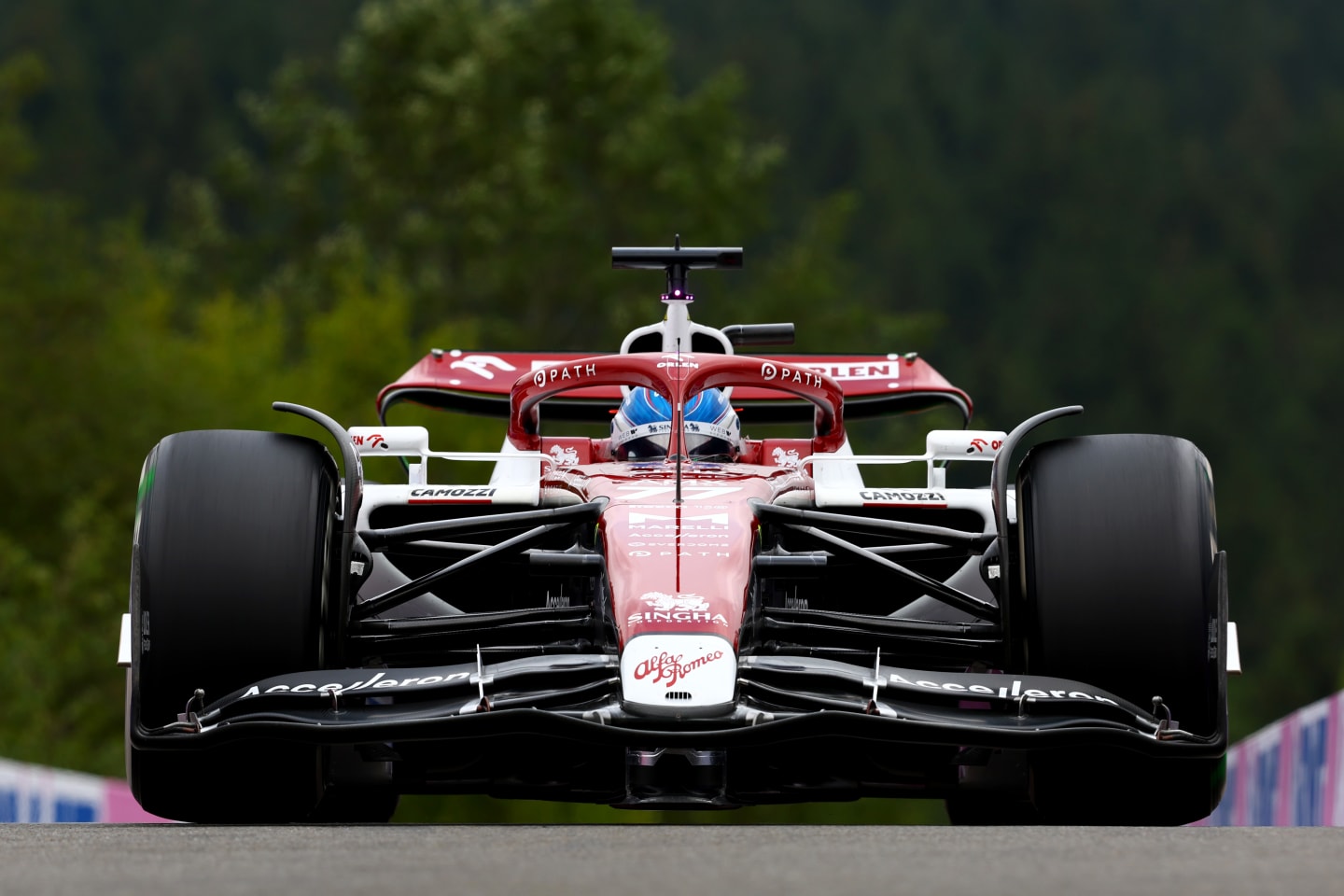 SPA, BELGIUM - AUGUST 26: Valtteri Bottas of Finland driving the (77) Alfa Romeo F1 C42 Ferrari on track during practice ahead of the F1 Grand Prix of Belgium at Circuit de Spa-Francorchamps on August 26, 2022 in Spa, Belgium. (Photo by Mark Thompson/Getty Images)