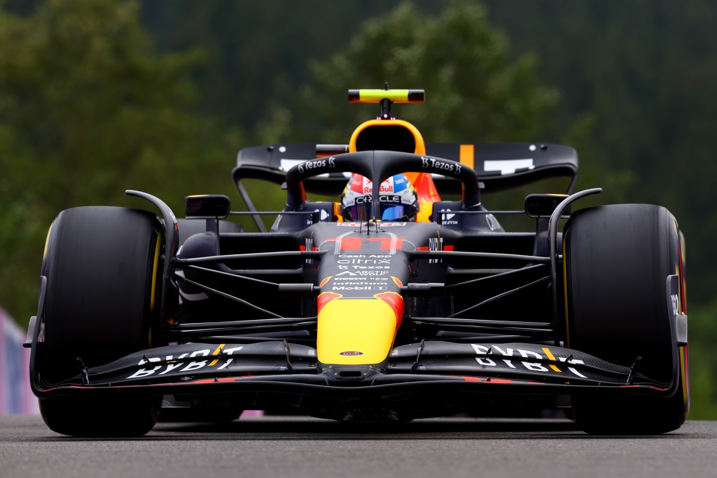 SPA, BELGIUM - AUGUST 26: Sergio Perez of Mexico driving the (11) Oracle Red Bull Racing RB18 on track during practice ahead of the F1 Grand Prix of Belgium at Circuit de Spa-Francorchamps on August 26, 2022 in Spa, Belgium. (Photo by Mark Thompson/Getty Images)