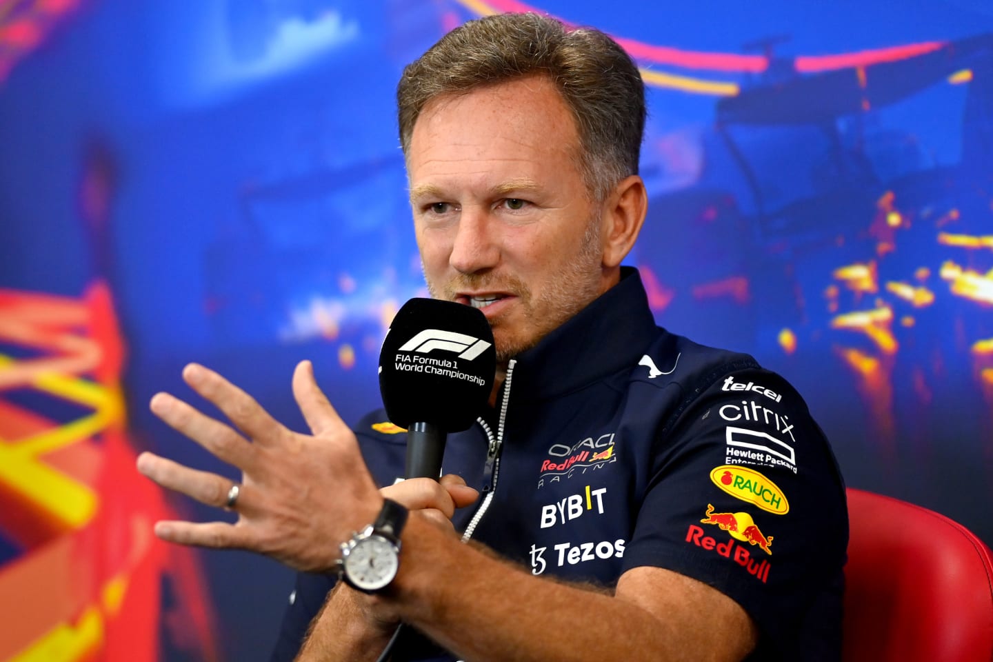 SPA, BELGIUM - AUGUST 27: Red Bull Racing Team Principal Christian Horner attends the Team Principals Press Conference prior to final practice ahead of the F1 Grand Prix of Belgium at Circuit de Spa-Francorchamps on August 27, 2022 in Spa, Belgium. (Photo by Dan Mullan/Getty Images)