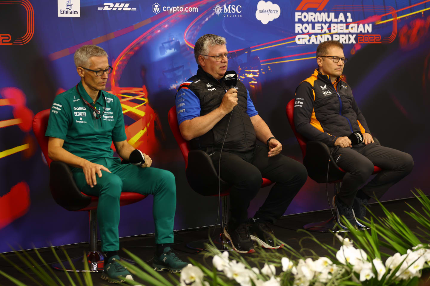 SPA, BELGIUM - AUGUST 27: (L-R) Mike Krack, Team Principal of the Aston Martin F1 Team, Otmar Szafnauer, Team Principal of Alpine F1 and McLaren Team Principal Andreas Seidl attend the Team Principals Press Conference prior to final practice ahead of the F1 Grand Prix of Belgium at Circuit de Spa-Francorchamps on August 27, 2022 in Spa, Belgium. (Photo by Lars Baron/Getty Images)