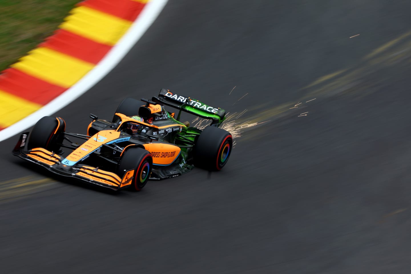 SPA, BELGIUM - AUGUST 27: Daniel Ricciardo of Australia driving the (3) McLaren MCL36 Mercedes on track during final practice ahead of the F1 Grand Prix of Belgium at Circuit de Spa-Francorchamps on August 27, 2022 in Spa, Belgium. (Photo by Mark Thompson/Getty Images)
