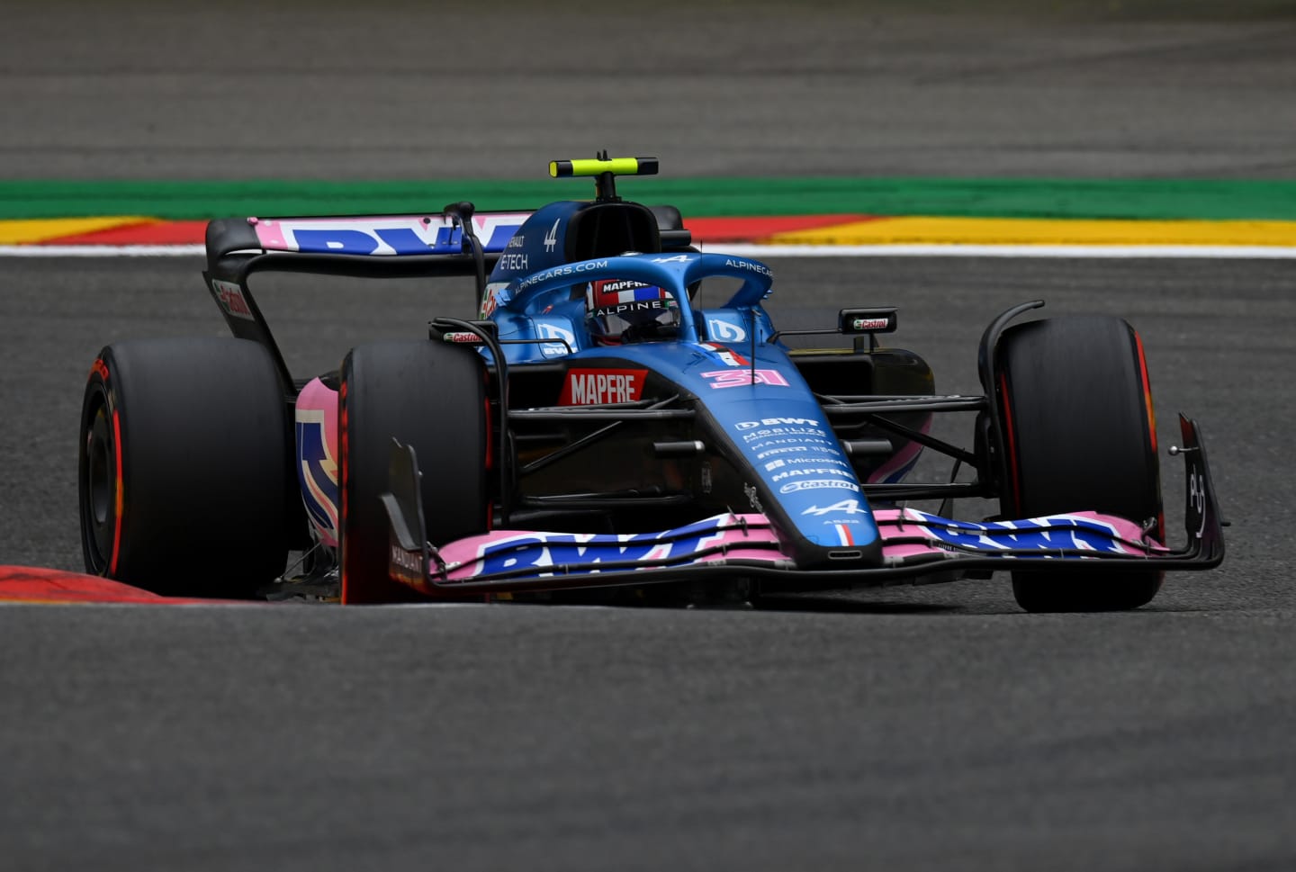 SPA, BELGIUM - AUGUST 27: Esteban Ocon of France driving the (31) Alpine F1 A522 Renault on track during final practice ahead of the F1 Grand Prix of Belgium at Circuit de Spa-Francorchamps on August 27, 2022 in Spa, Belgium. (Photo by Dan Mullan/Getty Images)