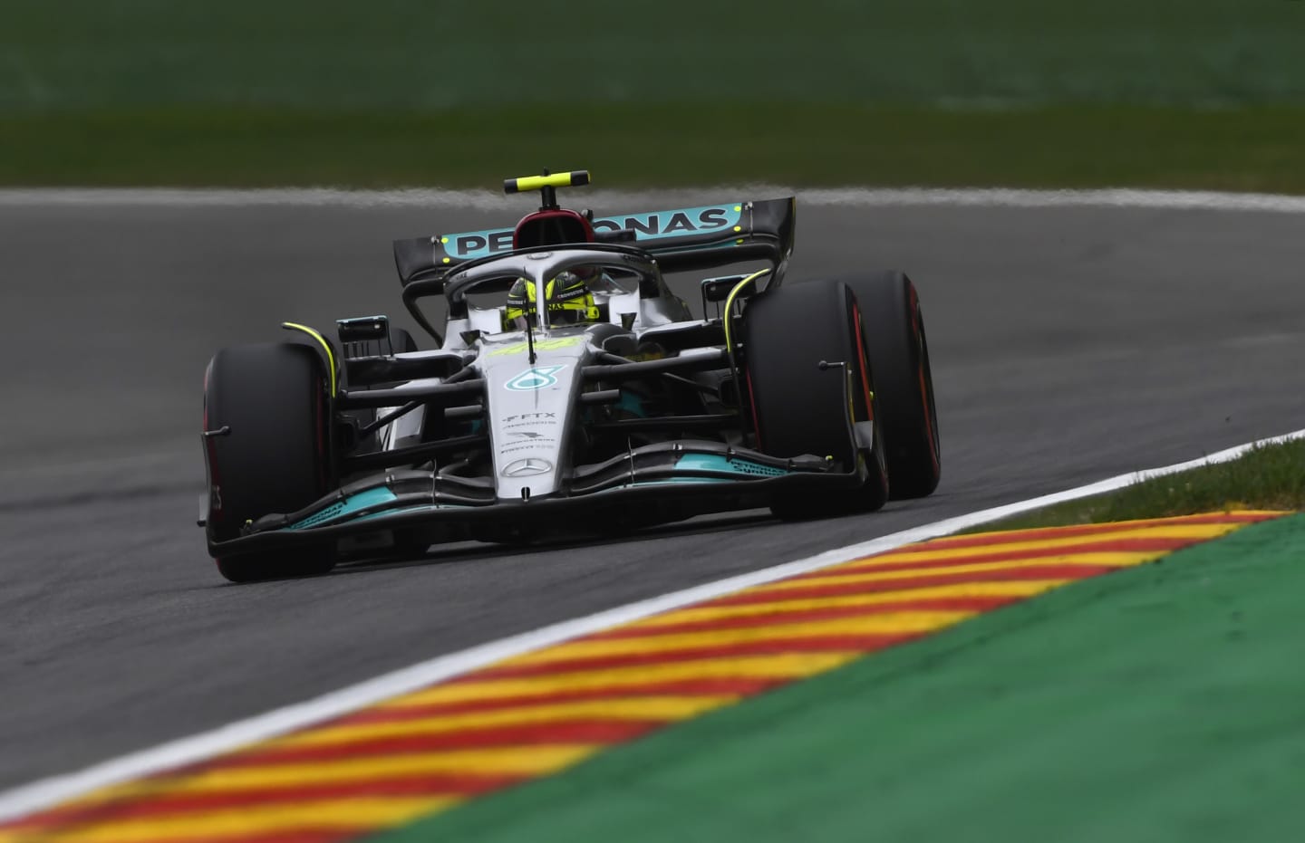 SPA, BELGIUM - AUGUST 27: Lewis Hamilton of Great Britain driving the (44) Mercedes AMG Petronas F1 Team W13 on track during qualifying ahead of the F1 Grand Prix of Belgium at Circuit de Spa-Francorchamps on August 27, 2022 in Spa, Belgium. (Photo by Rudy Carezzevoli/Getty Images)