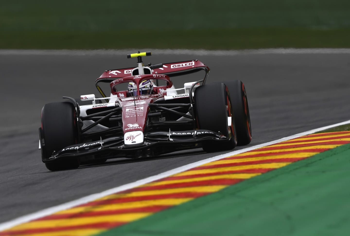 SPA, BELGIUM - AUGUST 27: Zhou Guanyu of China driving the (24) Alfa Romeo F1 C42 Ferrari on track during qualifying ahead of the F1 Grand Prix of Belgium at Circuit de Spa-Francorchamps on August 27, 2022 in Spa, Belgium. (Photo by Rudy Carezzevoli/Getty Images)