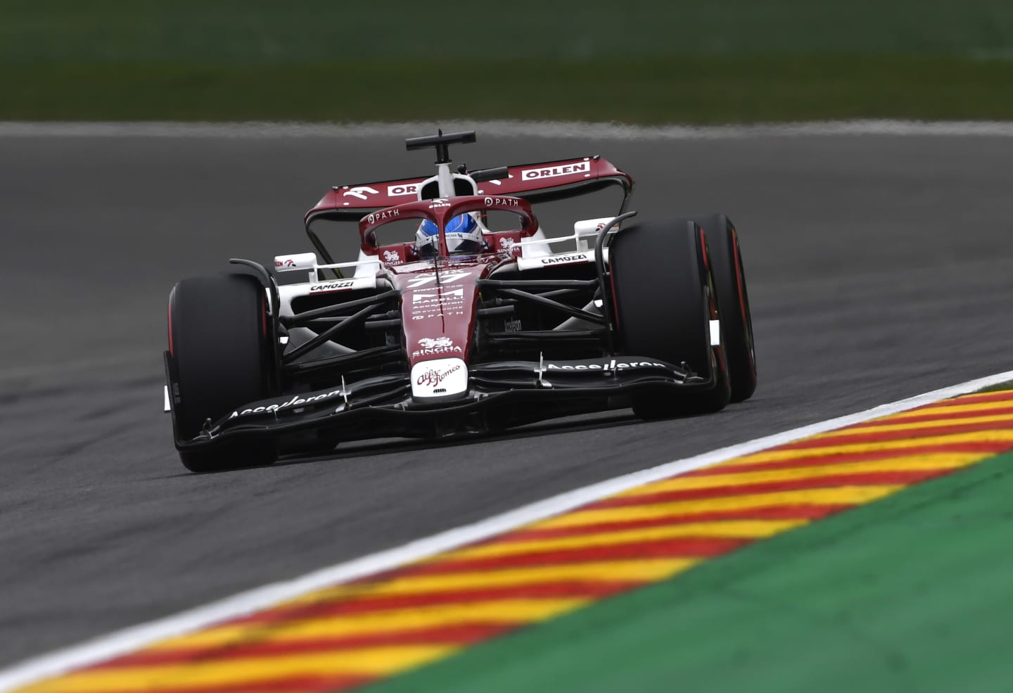 SPA, BELGIUM - AUGUST 27: Valtteri Bottas of Finland driving the (77) Alfa Romeo F1 C42 Ferrari on