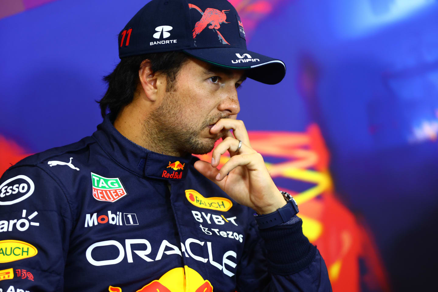 SPA, BELGIUM - AUGUST 27: Third placed qualifier Sergio Perez of Mexico and Oracle Red Bull Racing attends the press conference after qualifying ahead of the F1 Grand Prix of Belgium at Circuit de Spa-Francorchamps on August 27, 2022 in Spa, Belgium. (Photo by Dan Istitene/Getty Images)