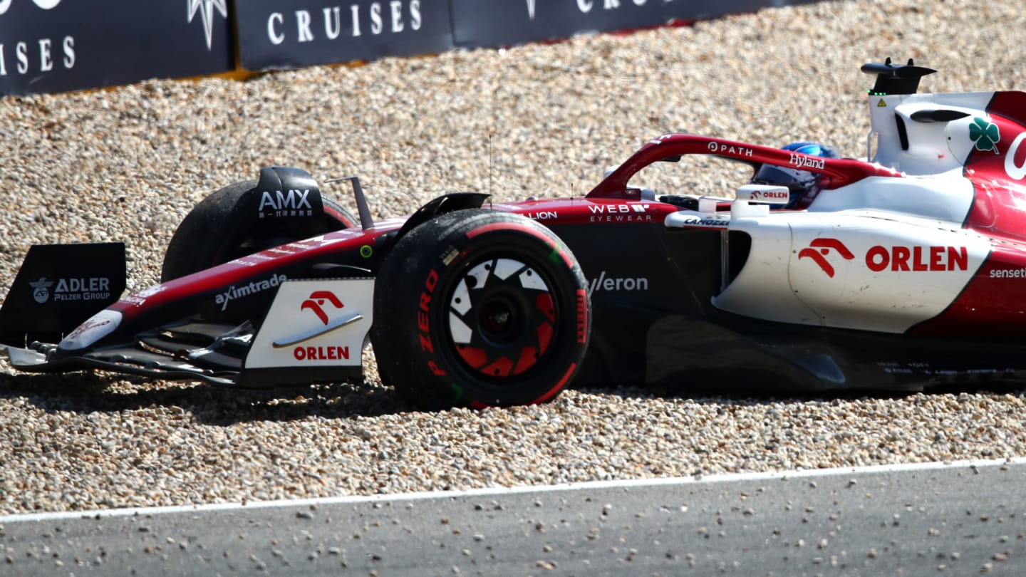 SPA, BELGIUM - AUGUST 28: Valtteri Bottas of Finland driving the (77) Alfa Romeo F1 C42 Ferrari stops on track and retires from the race during the F1 Grand Prix of Belgium at Circuit de Spa-Francorchamps on August 28, 2022 in Spa, Belgium. (Photo by Joe Portlock - Formula 1/Formula 1 via Getty Images)