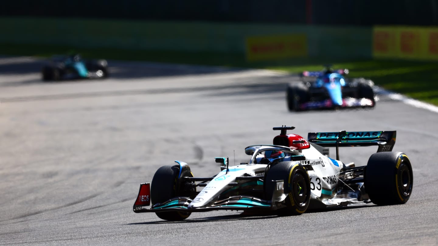 SPA, BELGIUM - AUGUST 28: George Russell of Great Britain driving the (63) Mercedes AMG Petronas F1 Team W13 on track during the F1 Grand Prix of Belgium at Circuit de Spa-Francorchamps on August 28, 2022 in Spa, Belgium. (Photo by Dan Istitene - Formula 1/Formula 1 via Getty Images)