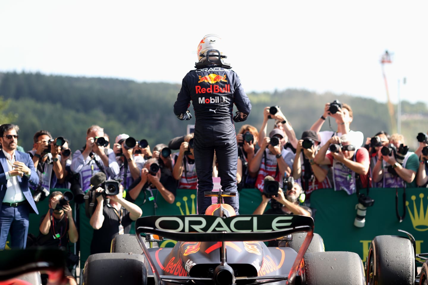 SPA, BELGIUM - AUGUST 28: Race winner Max Verstappen of the Netherlands and Oracle Red Bull Racing celebrates in parc ferme during the F1 Grand Prix of Belgium at Circuit de Spa-Francorchamps on August 28, 2022 in Spa, Belgium. (Photo by Peter Fox/Getty Images)